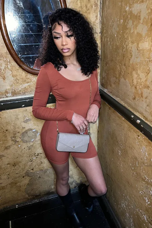 Rust Rib Knit Scoop Neck Unitard - Roohi made by Rebellious Fashion