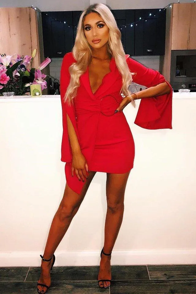 Red Blazer Dress with Ring Belt Detail - Emilie sold by Rebellious Fashion