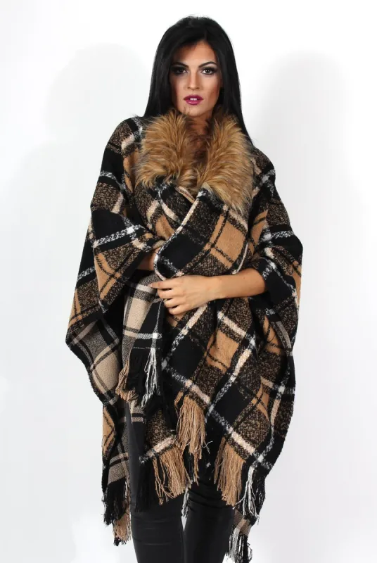 Latoya Beige Faux Fur Trimmed Cape sold by Rebellious Fashion