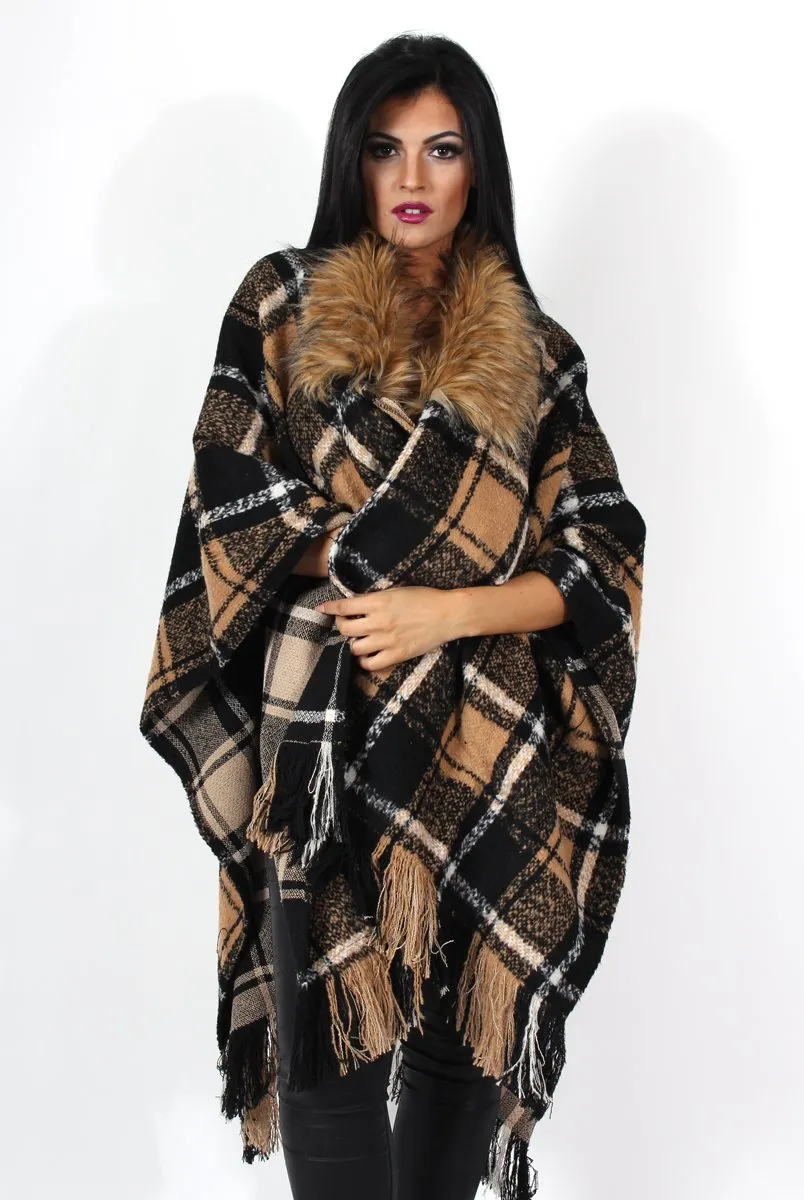 Latoya Beige Faux Fur Trimmed Cape sold by Rebellious Fashion