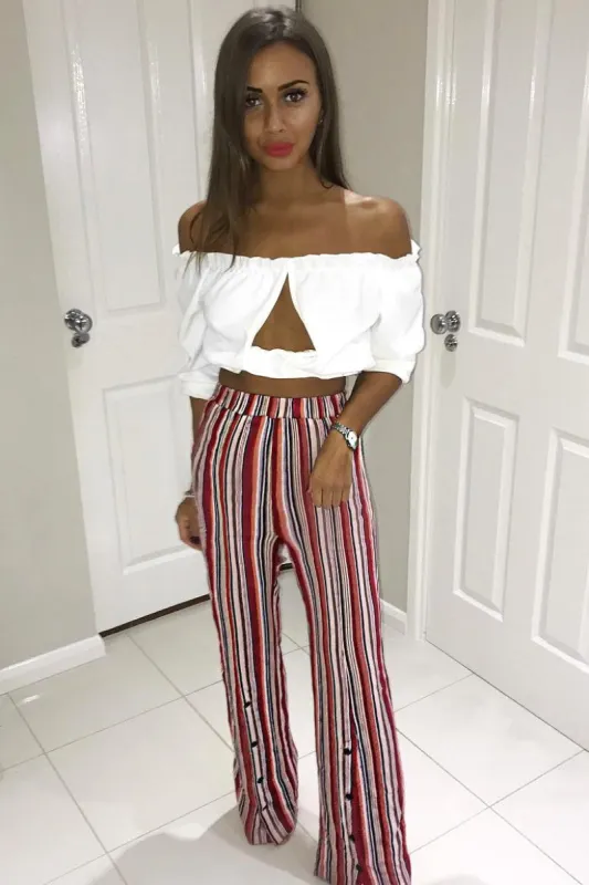 Red Multi Stripe Side Popper Wide Leg Trousers - Leah sold by Rebellious Fashion
