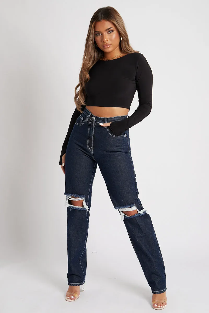 Black Slinky Thumb Hole Long Sleeve Crop Top - Kacci sold by Rebellious Fashion product image thumbnail 5