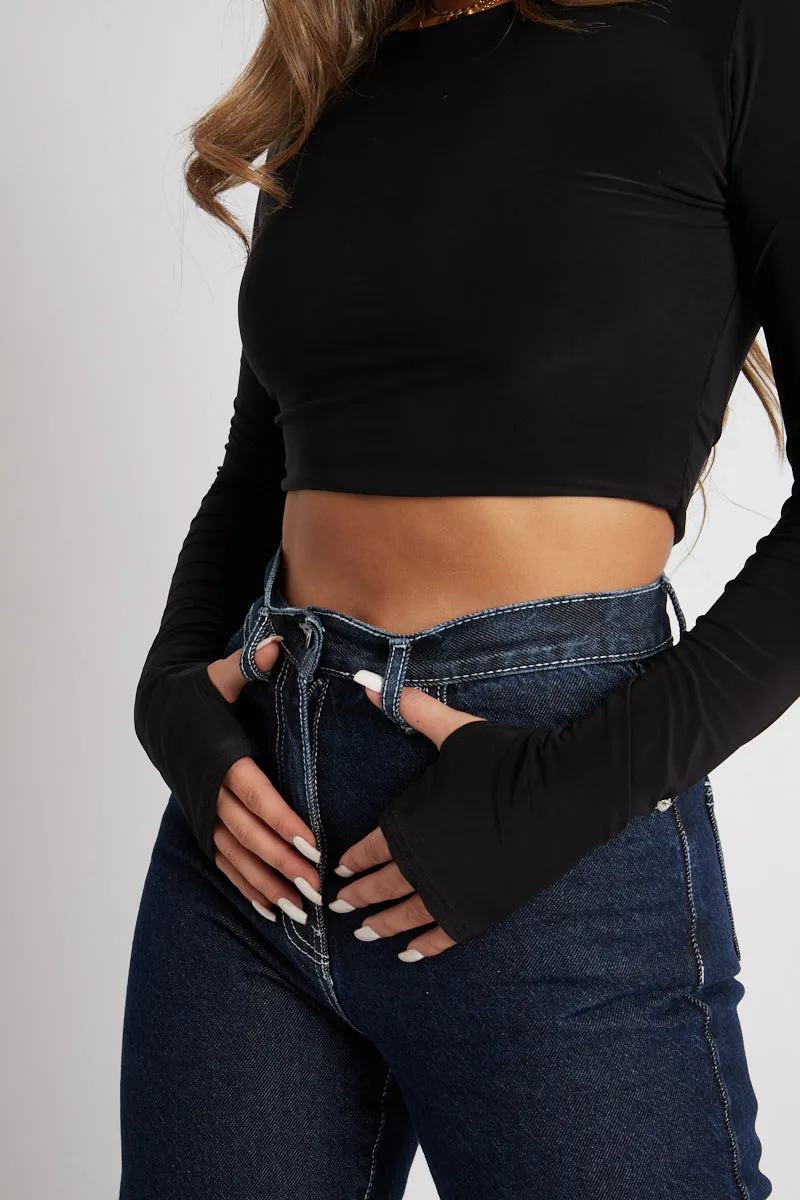 Black Slinky Thumb Hole Long Sleeve Crop Top - Kacci sold by Rebellious Fashion product image thumbnail 2