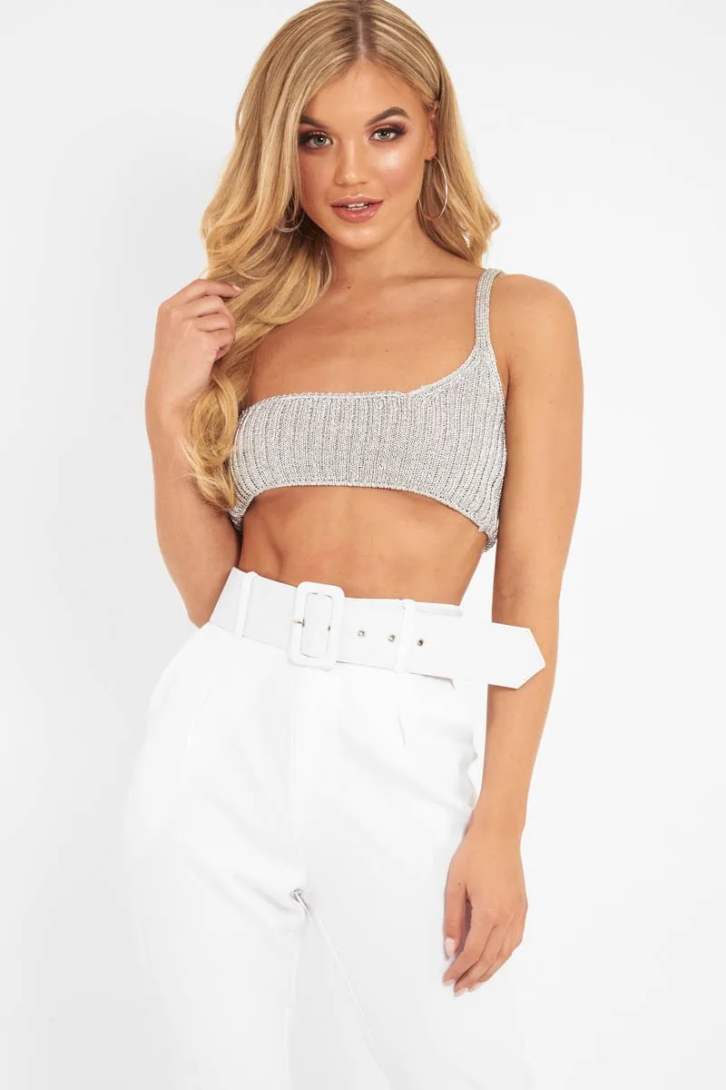 Silver Knitted One Shoulder Crop Top - Houda sold by Rebellious Fashion product image thumbnail 2