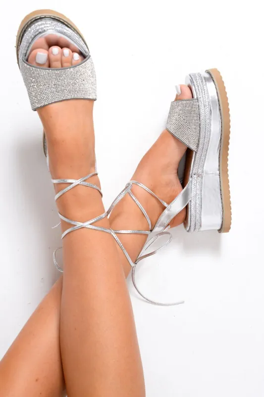 Silver Diamante Lace Up Flatform Sandals - Abryella sold by Rebellious Fashion