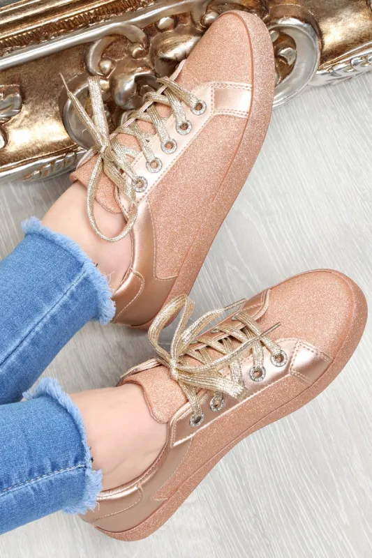 Rose Gold Lace Up Glitter Trainers - Siarra made by Rebellious Fashion
