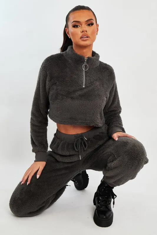 Grey Cropped Zip Front Teddy Jumper - Brady sold by Rebellious Fashion