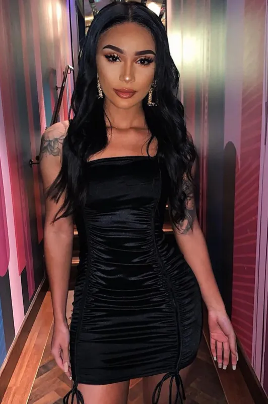 Black Satin Ruched Front Mini Dress - Delsie sold by Rebellious Fashion