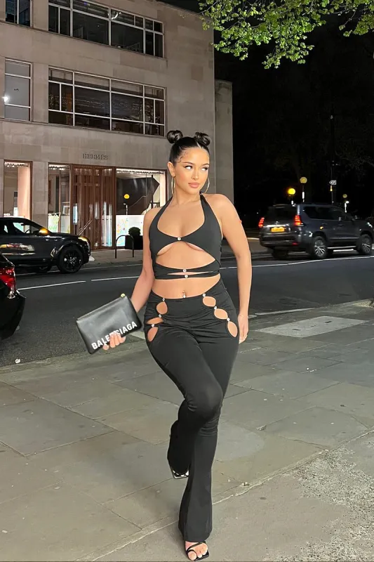 Black Cut Out Halter Neck Crop Top & Flare Trouser Set - Ariel sold by Rebellious Fashion