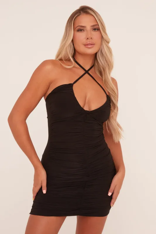 Black Bandeau Ruched Tie Detail Bodycon Mini Dress - Damian sold by Rebellious Fashion