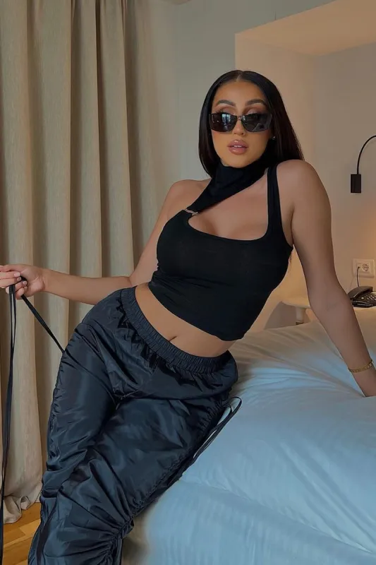 Black High Neck Asymmetric Crop Top - Bessie sold by Rebellious Fashion