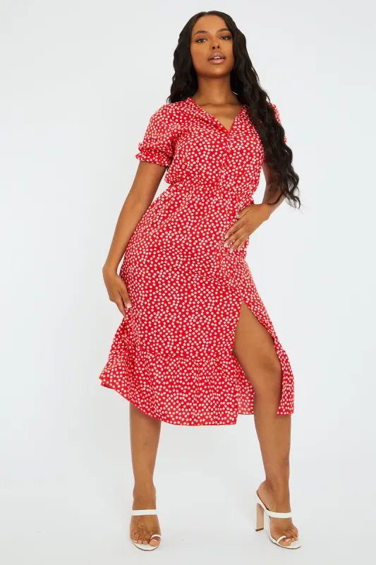 Red Floral Print Front Slit Midi Dress - Avery sold by Rebellious Fashion