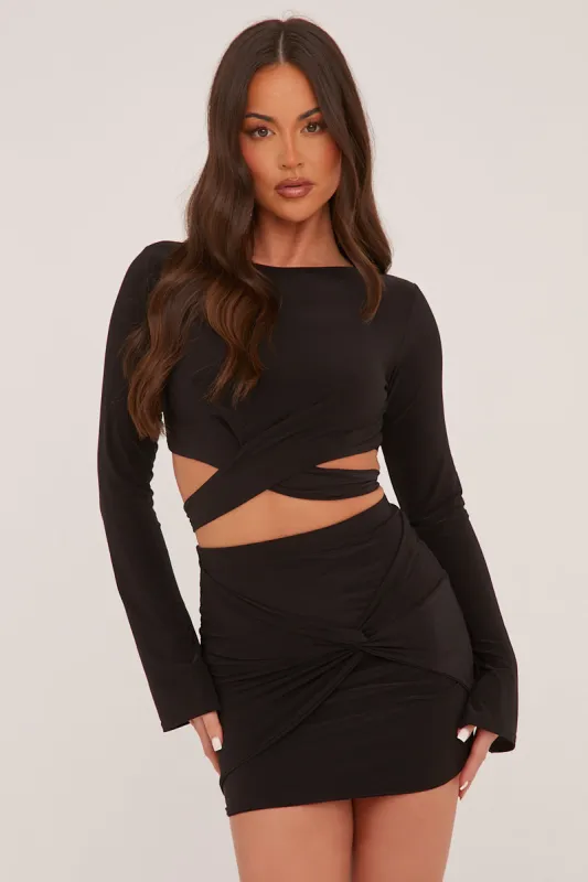 Black Long Sleeve Cropped Top & Twist Detail Mini Skirt Co-ord Set - Lunaa sold by Rebellious Fashion