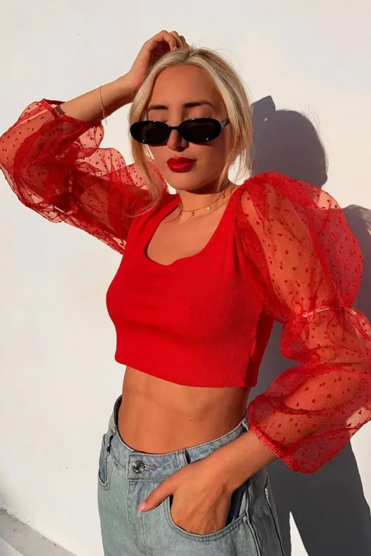 Red Polka Dot Organza Sleeve Crop Top - Bianca sold by Rebellious Fashion