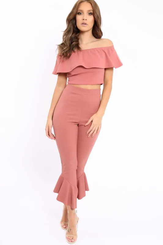 Rose Bardot Crop Top And Dip Hem Trousers Co-ord Set - Alexiah sold by Rebellious Fashion