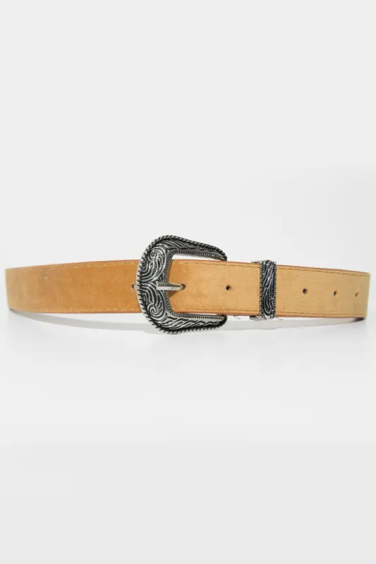 Tan Faux Suede Western Buckle Belt - Rayhana sold by Rebellious Fashion