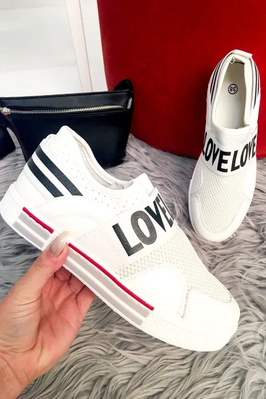 White Love Slogan Slip On Trainer - Tamra sold by Rebellious Fashion
