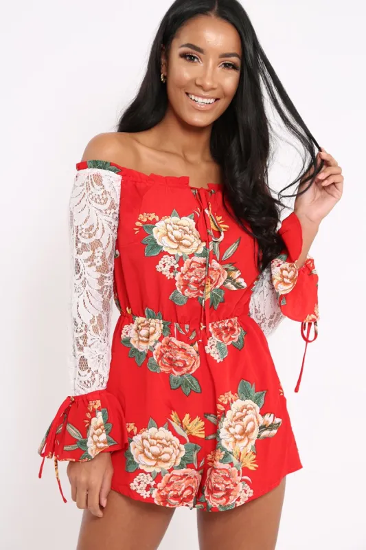 Red Floral Bardot Playsuit with Lace Sleeves - Caroline sold by Rebellious Fashion