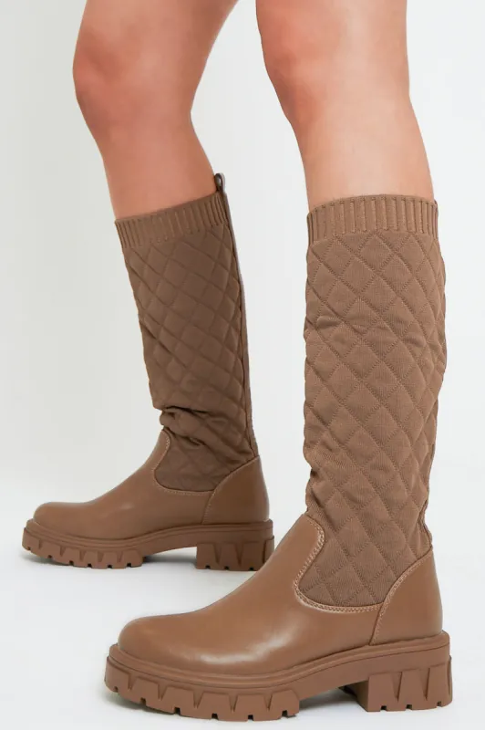 Brown Quilted Detail Knee High Boots - Bethsy sold by Rebellious Fashion