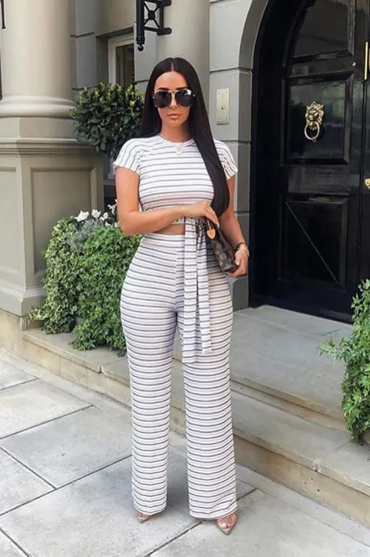 White Stripe Rib Tie Front Top Wide Leg Trouser Co-Ord - Lottie sold by Rebellious Fashion