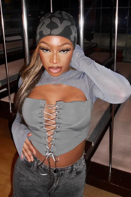 Grey Lace Up Mesh Sleeve Corset Top - Lavya sold by Rebellious Fashion