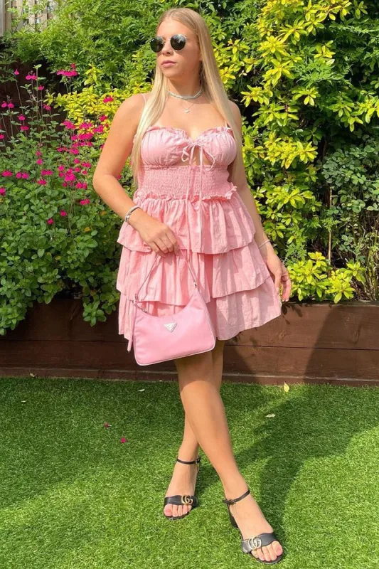 Pink Frill Detail Tiered Cut Out Mini Dress - Daneen sold by Rebellious Fashion