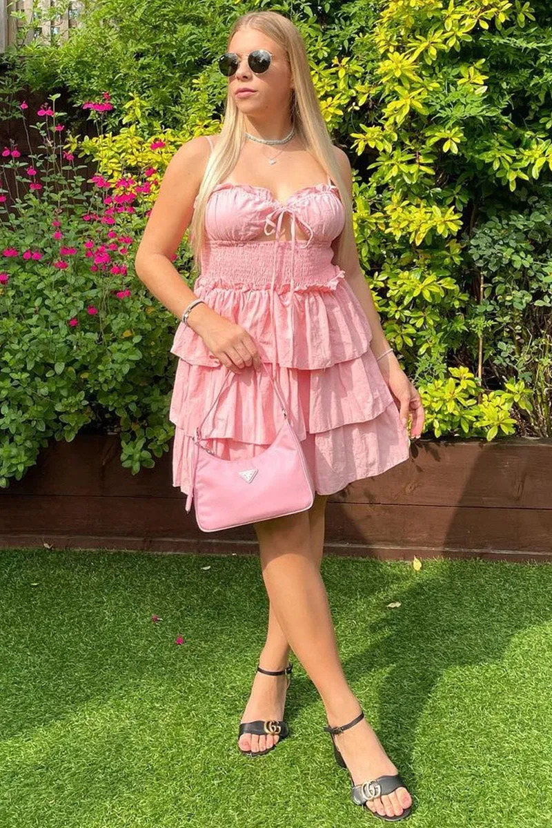 Pink Frill Detail Tiered Cut Out Mini Dress - Daneen sold by Rebellious Fashion