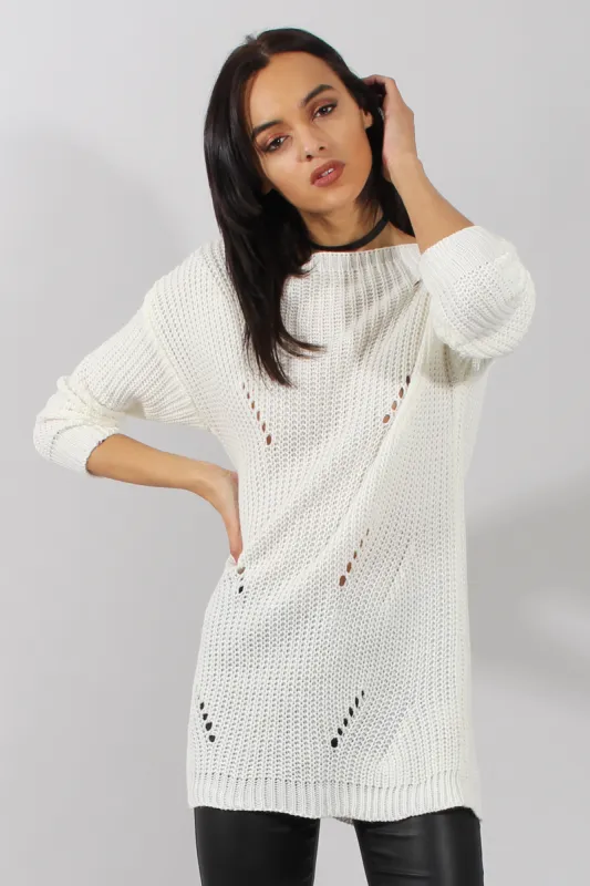 White Knitted Distressed Back Jumper Dress - Cara sold by Rebellious Fashion