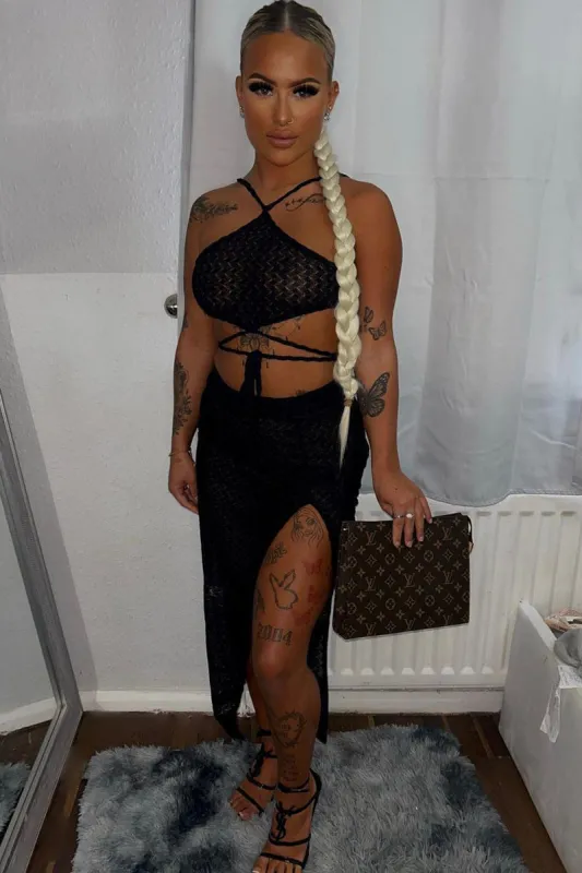 Black Lace Crop Top & Midi Skirt Set - Josephine sold by Rebellious Fashion