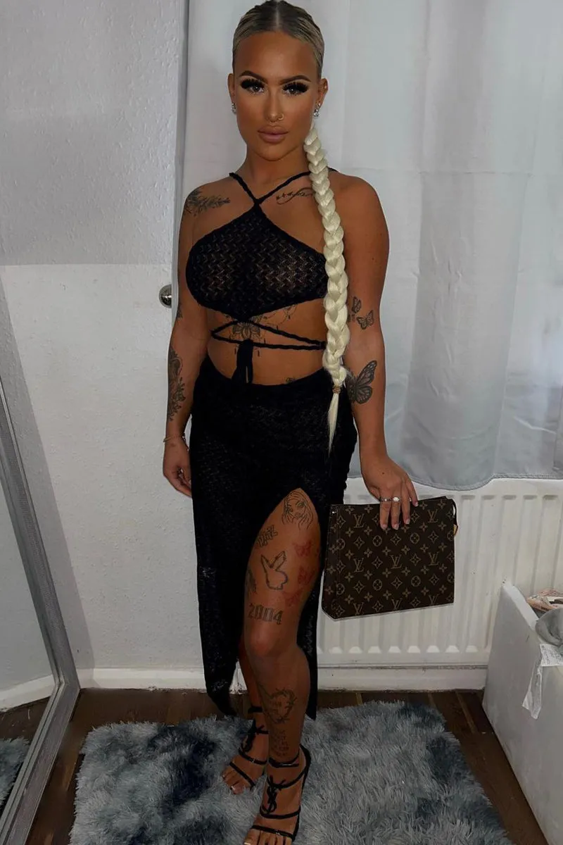 Black Lace Crop Top & Midi Skirt Set - Josephine sold by Rebellious Fashion