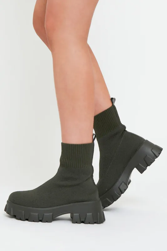 Khaki Ankle High Chunky Sole Sock Boots - Bana sold by Rebellious Fashion