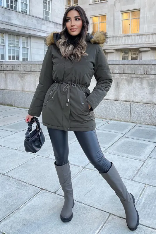 Khaki Black Reversible Fur Hood Parka Jacket - Cambri sold by Rebellious Fashion