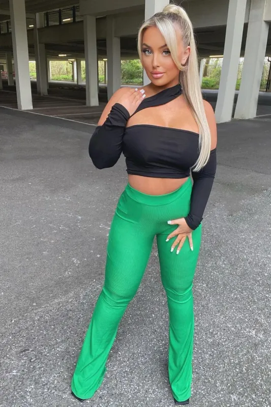 Green Ribbed Flare Trousers - Jori sold by Rebellious Fashion
