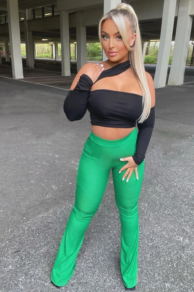 Green Ribbed Flare Trousers - Jori sold by Rebellious Fashion