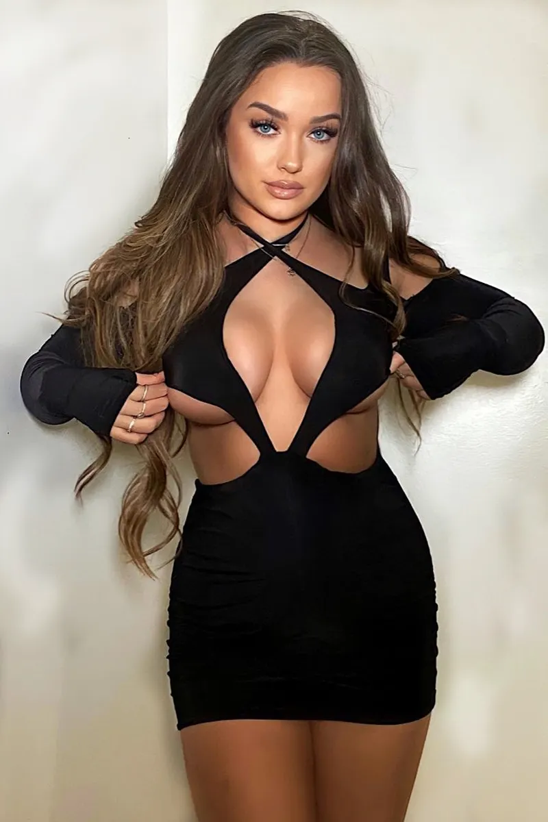 Black Halter Neck Cut Out Slinky Mini Dress - Lessie sold by Rebellious Fashion product image thumbnail 5