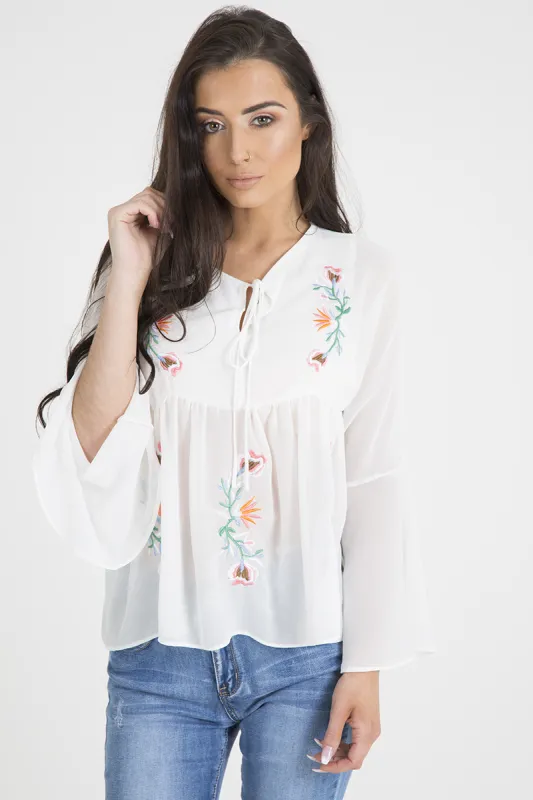 White Embroidered Bell Sleeve Blouse - Felicia sold by Rebellious Fashion