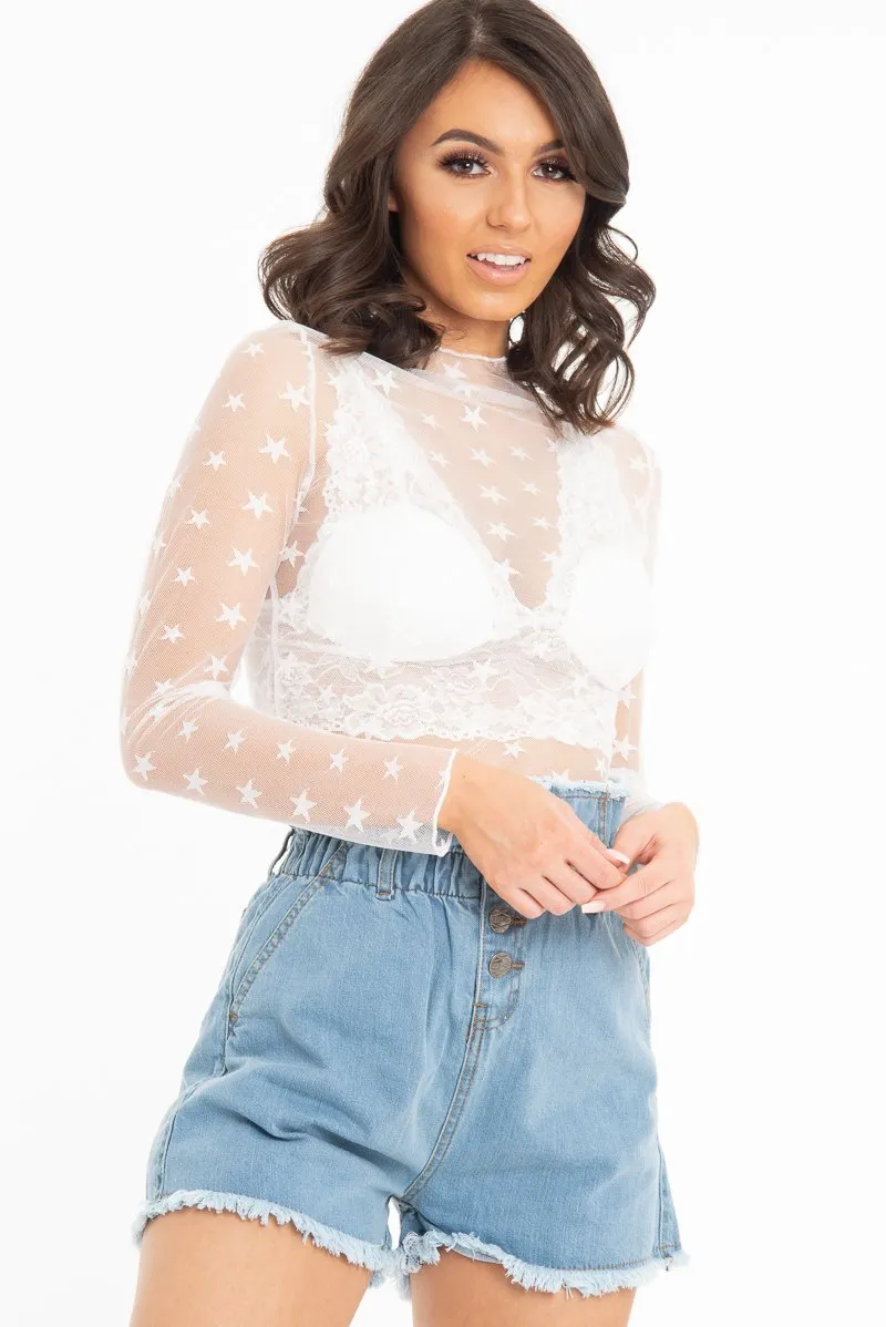 White Star Mesh High Neck Long Sleeve Top - Shine sold by Rebellious Fashion product image thumbnail 4