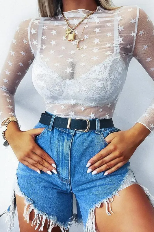 White Star Mesh High Neck Long Sleeve Top - Shine sold by Rebellious Fashion