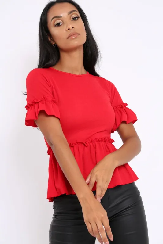 Red Peplum Frill Detail Top with Frill Sleeves - Gretta made by Rebellious Fashion