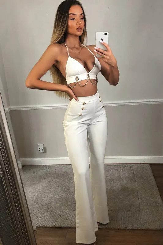 White High Waisted Wide Leg Button Front Trousers - Gidget sold by Rebellious Fashion