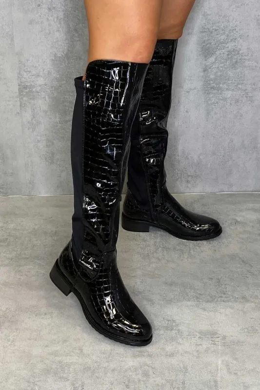 Black Patent Croc Knee High Flat Boots - Reginna sold by Rebellious Fashion