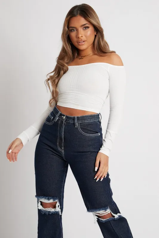 White Off the Shoulder Long Sleeve Ruched Crop Top - Kali sold by Rebellious Fashion