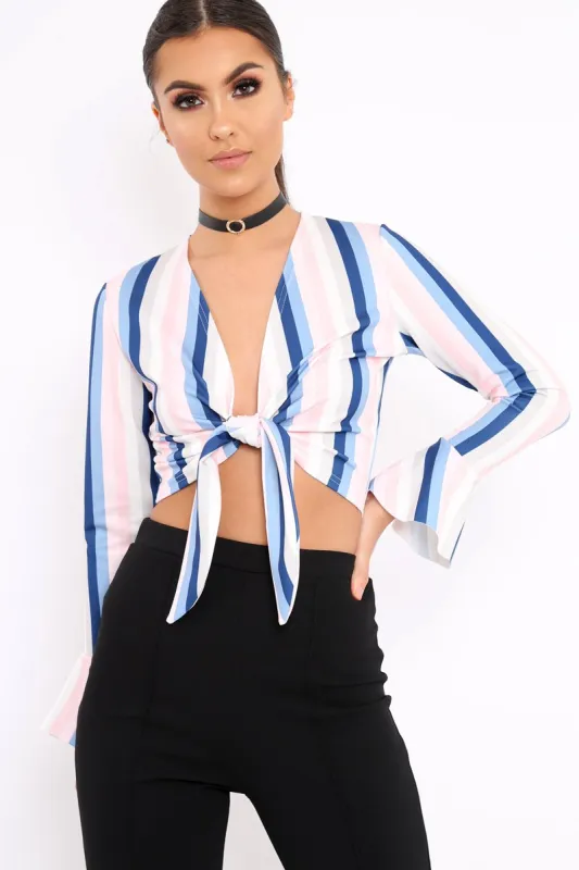White Multi Stripe Plunge Tie Front Flare Sleeve Crop Top - Aimi sold by Rebellious Fashion