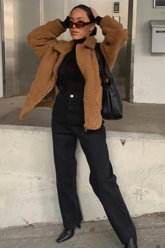 Brown Collar Zip Front Borg Teddy Jacket - Kaleah sold by Rebellious Fashion