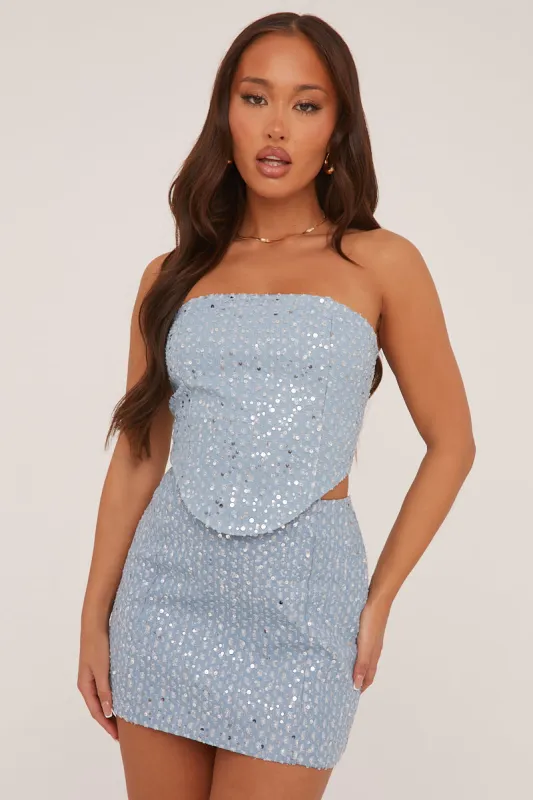 Light Blue Sequin Detail Cropped Top & Mini Skirt Co-ord Set - Innes sold by Rebellious Fashion