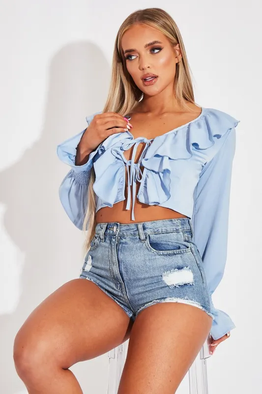 Blue Ruffle Tie Fastening Top - Brionna sold by Rebellious Fashion