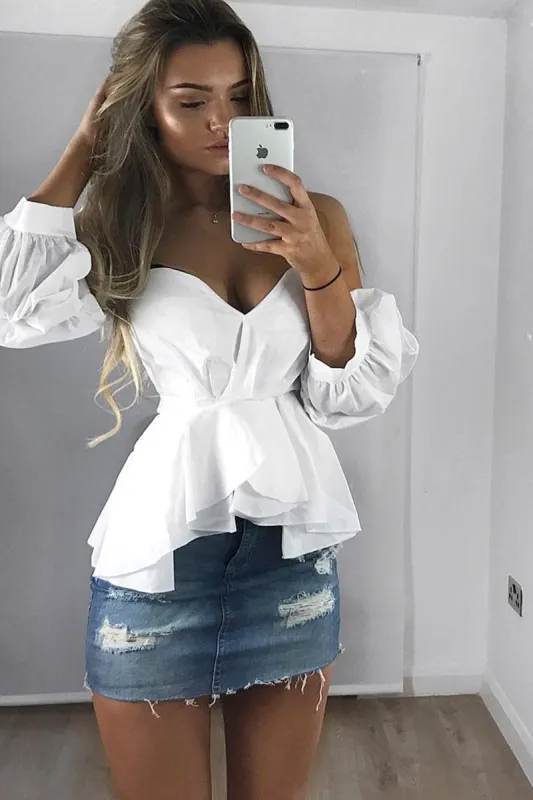 White Sweet Heart Bardot Top with Ruched Sleeves - Kinza sold by Rebellious Fashion