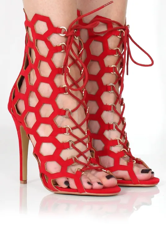 Bella Red Suede Caged Lace Up Heels sold by Rebellious Fashion