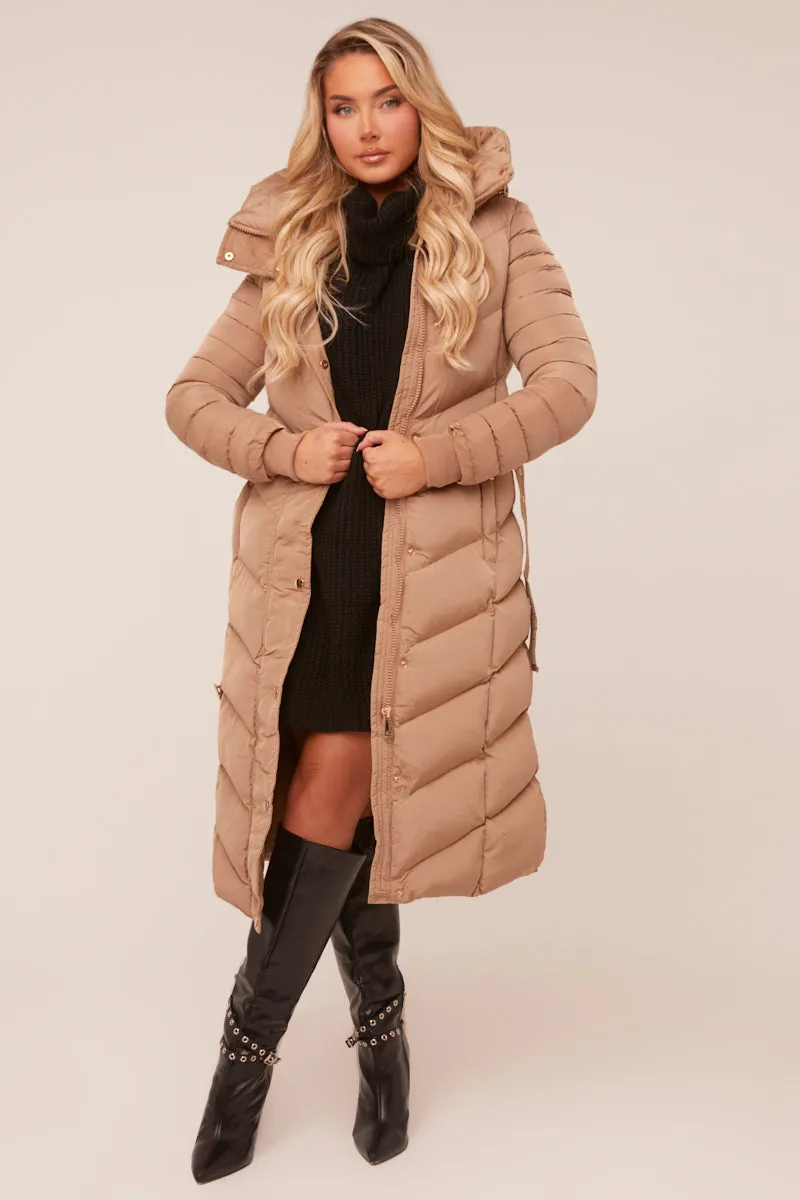 Beige Longline Hooded Puffer Jacket - Shauna sold by Rebellious Fashion