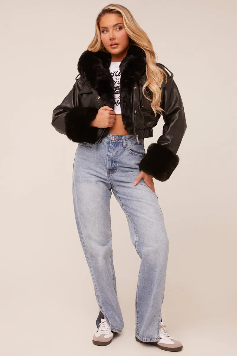 Black Faux Leather Fur Lined Bomber Jacket - Larna sold by Rebellious Fashion